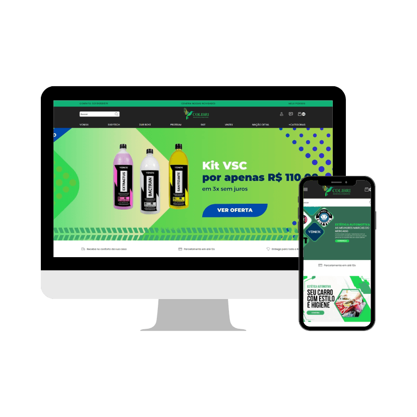 Site da Colibri Produtos Automotivos apresentado em diferentes telas