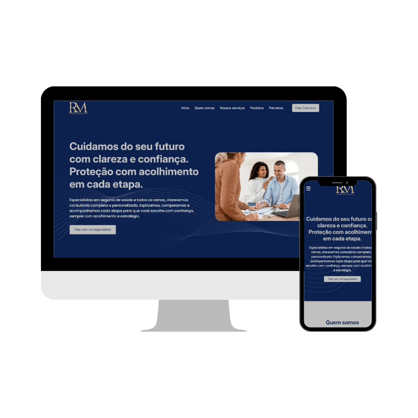 Landing page da RM Corretora apresentada em diferentes telas